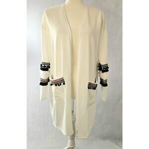 Sweater Cardigan Fringe Western Trim Sz M Boho Pockets Ethnic Batik